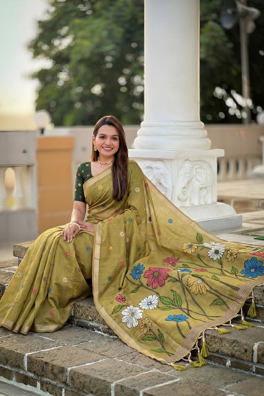Olive Green Linen Silk Saree with Multicolor Floral Print Woven Border