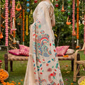 Beige Linen Silk Saree Multicolor Peacock Floral Print Zari Border