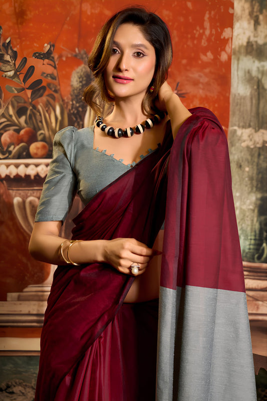 Wine Red and Grey Dual Tone Silk Saree with Minimal Design