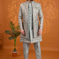 Amazing Off White Floral Printed Indo Western Sherwani for Men With Designer Jacket