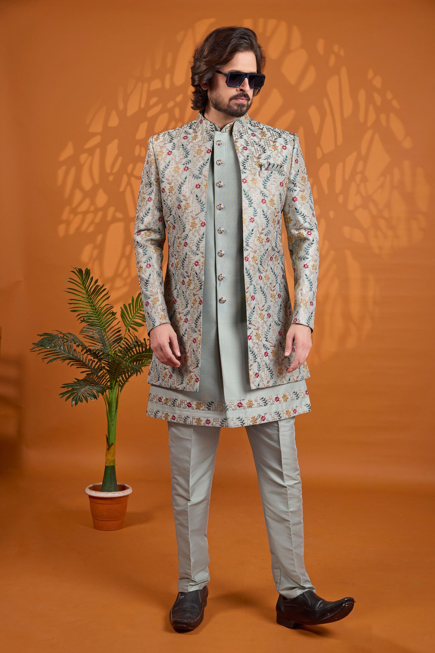 Amazing Off White Floral Printed Indo Western Sherwani for Men With Designer Jacket