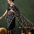Black Embroidered Net Saree with Designer Border Party Wear Saree