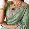 Sage Green Embroidered Satin Silk Saree Floral Designer Border