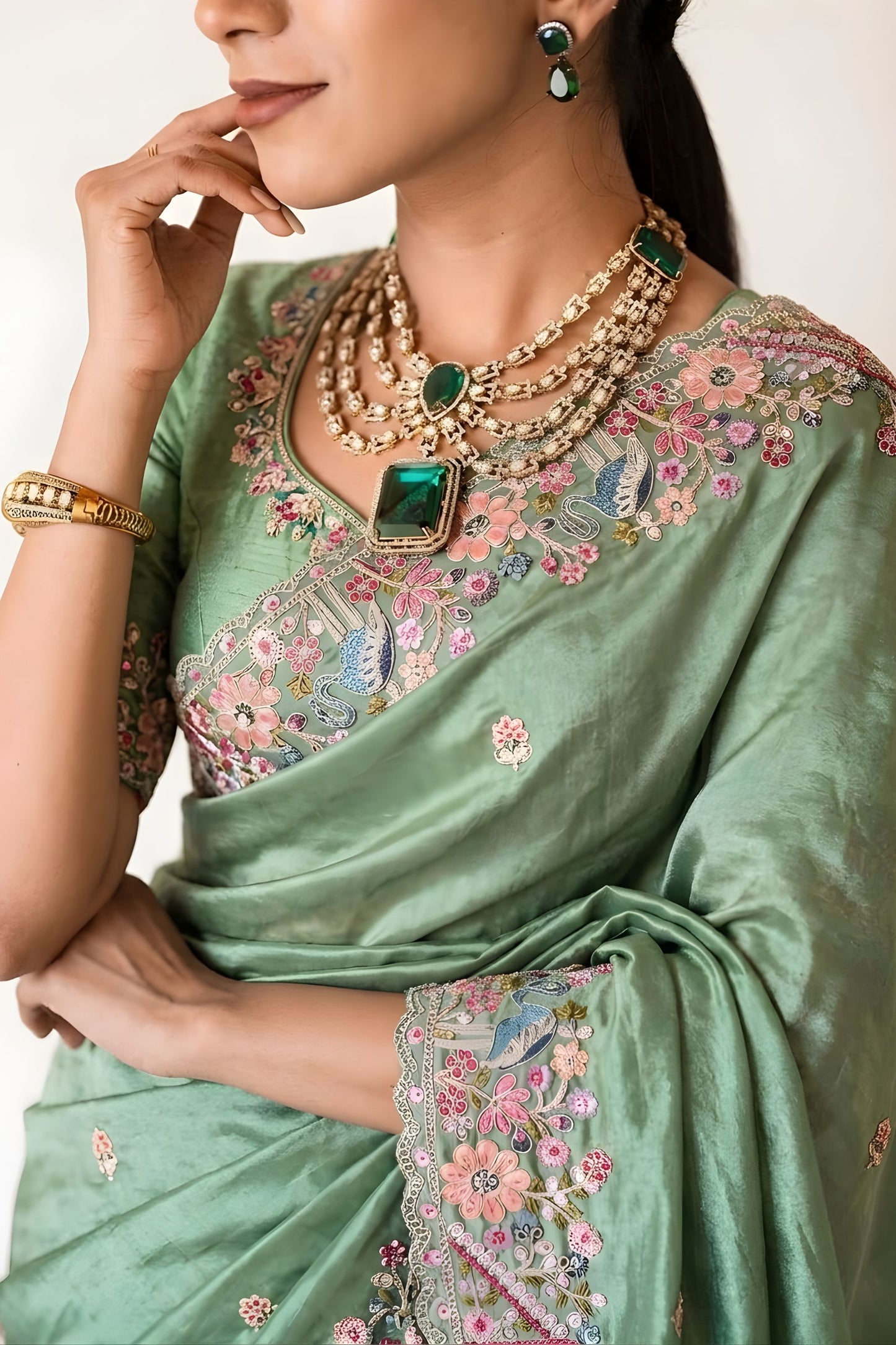 Sage Green Embroidered Satin Silk Saree Floral Designer Border