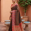 Olive Green Silk Saree Red Contrast Border Zari Weaving Festive Wear