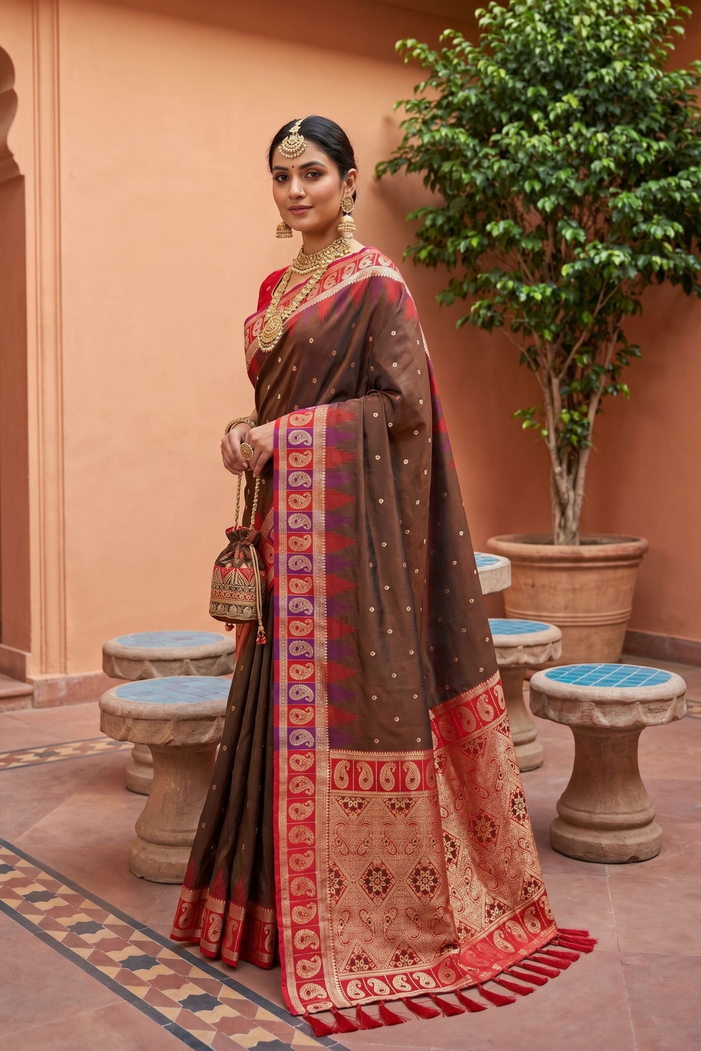 Olive Green Silk Saree Red Contrast Border Zari Weaving Festive Wear