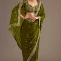 Olive Green Silk Saree with Heavy Zari Embroidered Border Designer Blouse