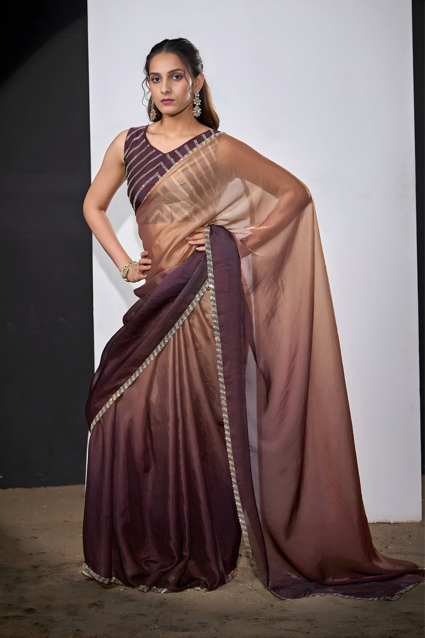 Wine Brown Copper Dual Tone Saree with Designer Border