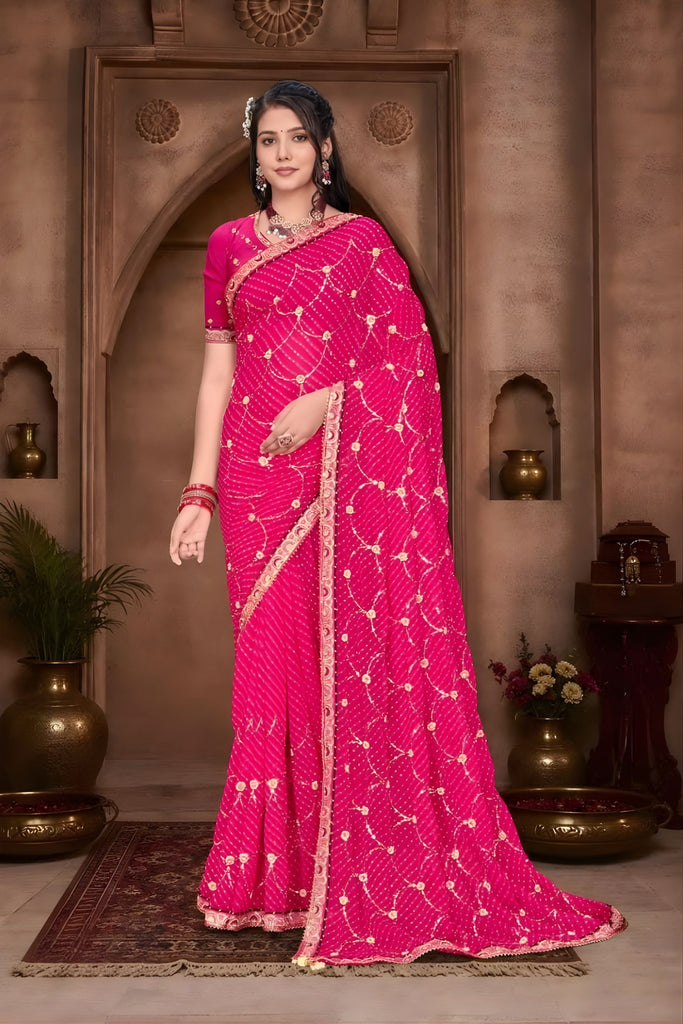  Rani Pink Georgette Bandhani Saree Gota Patti Work Embroidered Border 
