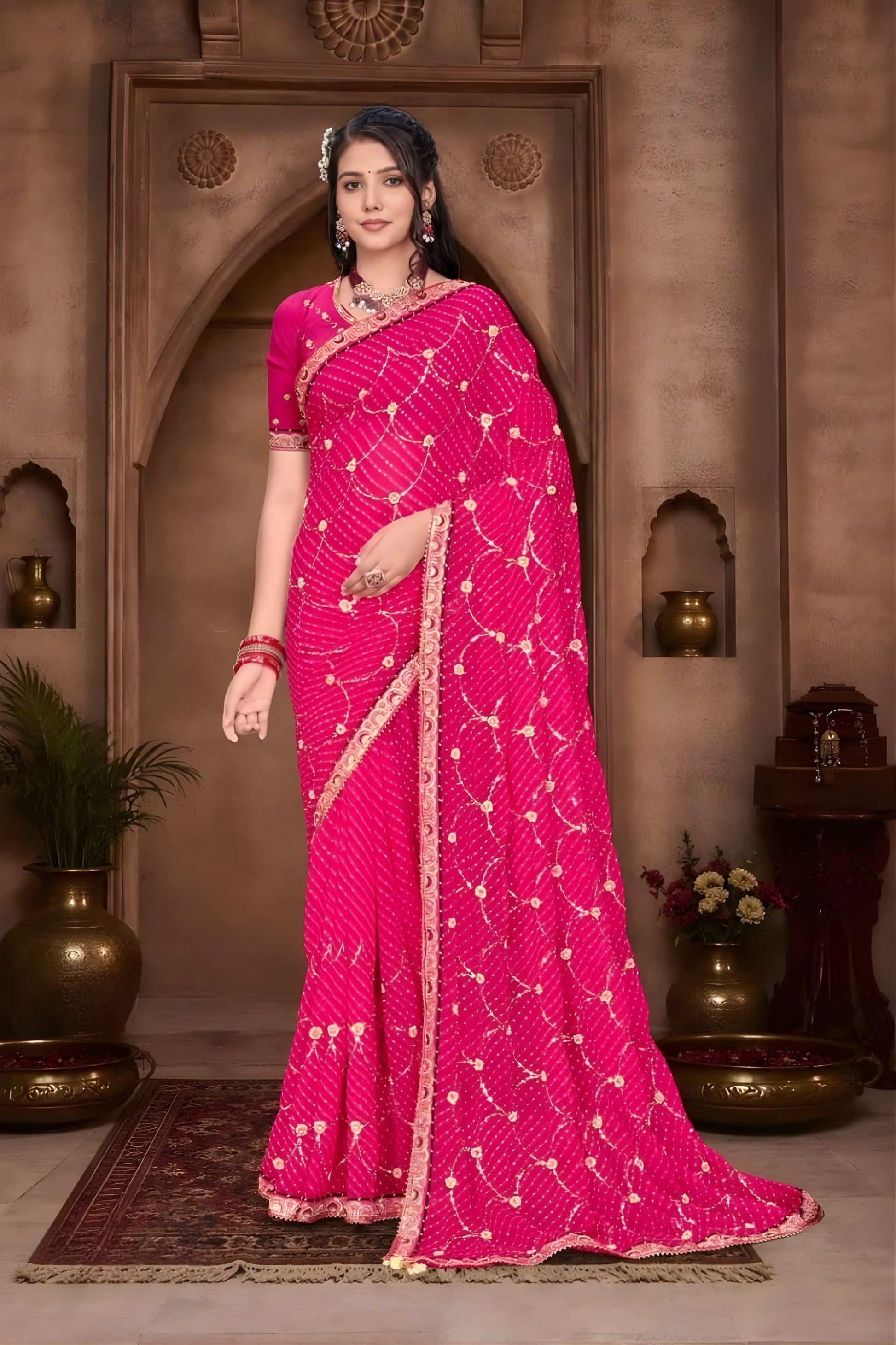  Rani Pink Georgette Bandhani Saree Gota Patti Work Embroidered Border 
