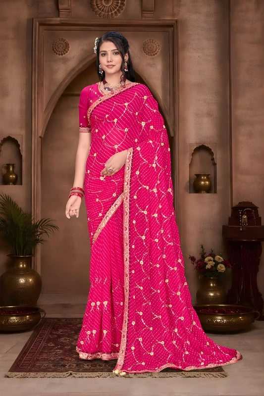  Rani Pink Georgette Bandhani Saree Gota Patti Work Embroidered Border 