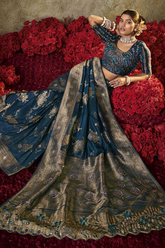 Teal Blue Banarasi Silk Saree Heavy Gold Zari Weaving Embroidered Blouse