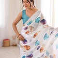 White Floral Digital Printed Linen Saree with Designer Lace Border