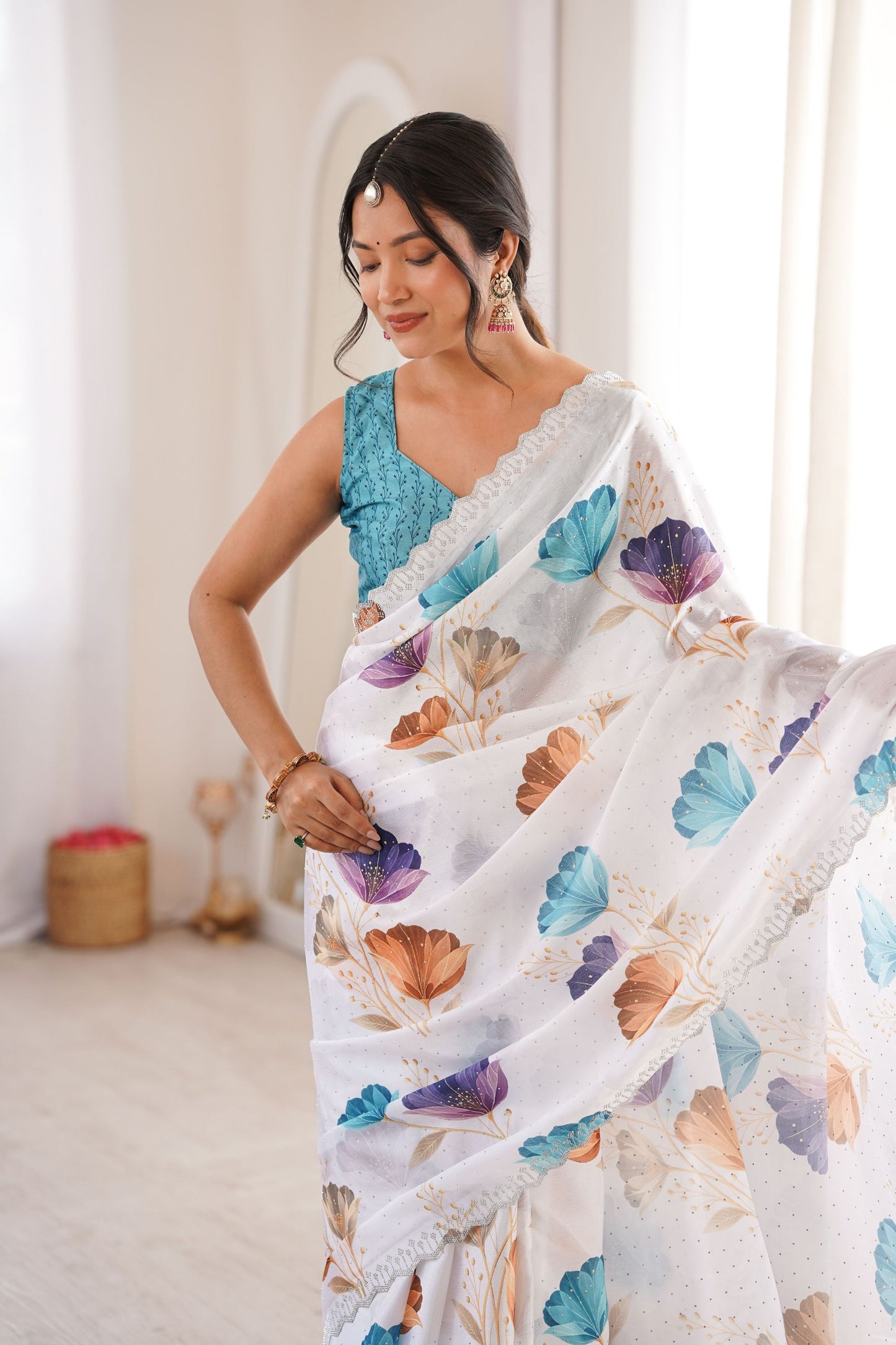 White Floral Digital Printed Linen Saree with Designer Lace Border