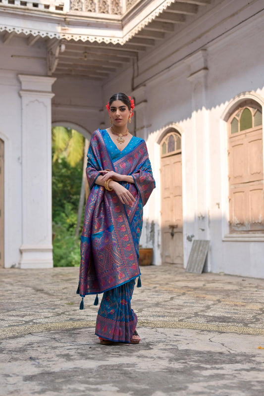 Royal Blue Silk Saree Pink Paisley Floral Weaving Border Traditional Saree