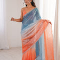 Sky Blue Coral Peach Ombre Organza Saree Embroidered Border