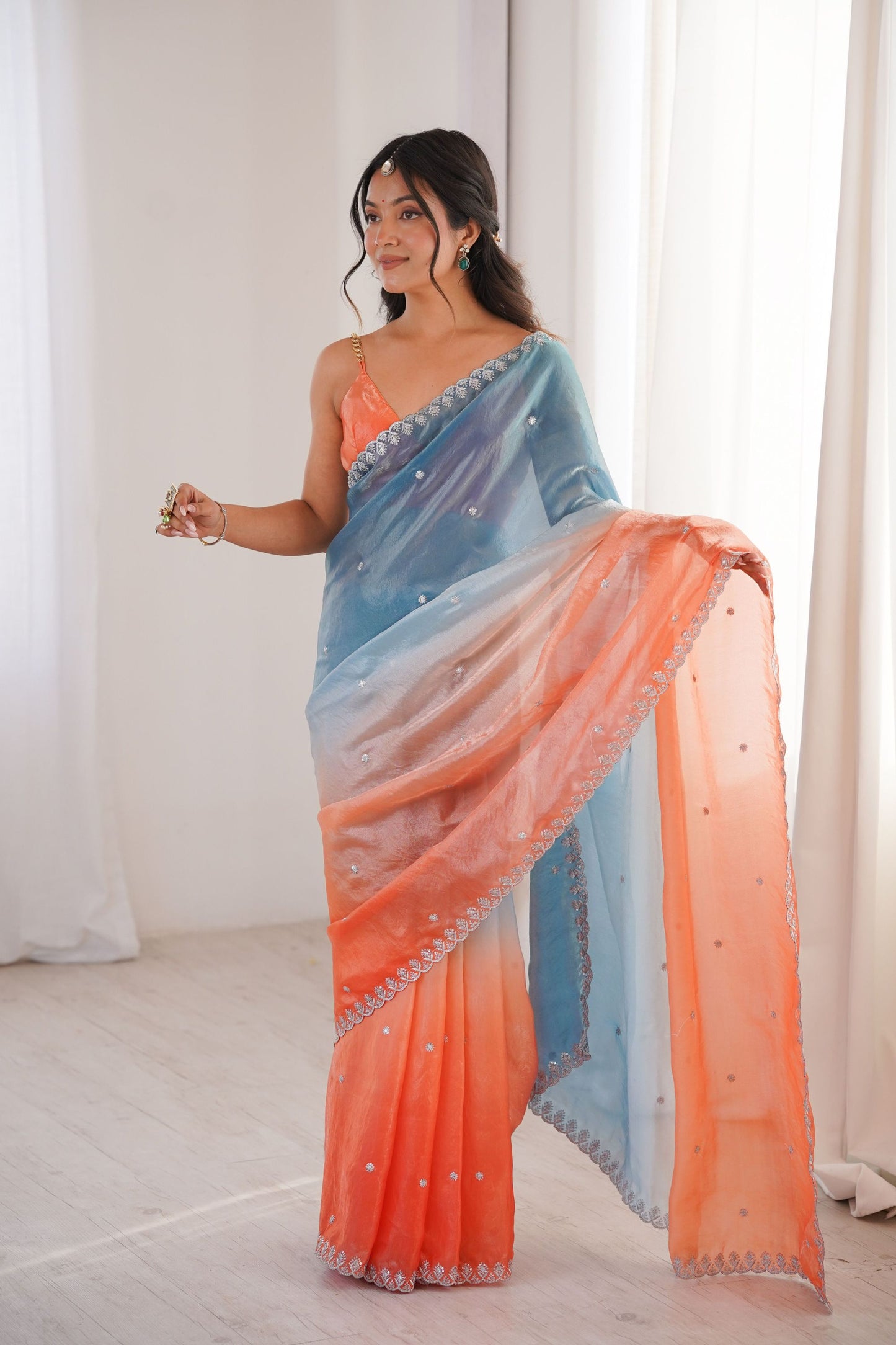 Sky Blue Coral Peach Ombre Organza Saree Embroidered Border