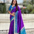 Purple Saree with Blue Contrast Border Traditional Printed Design