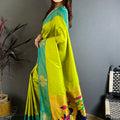 Lime Green Soft Silk Saree with Contrast Aqua Border Designer Pallu