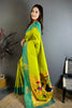 Lime Green Soft Silk Saree with Contrast Aqua Border Designer Pallu