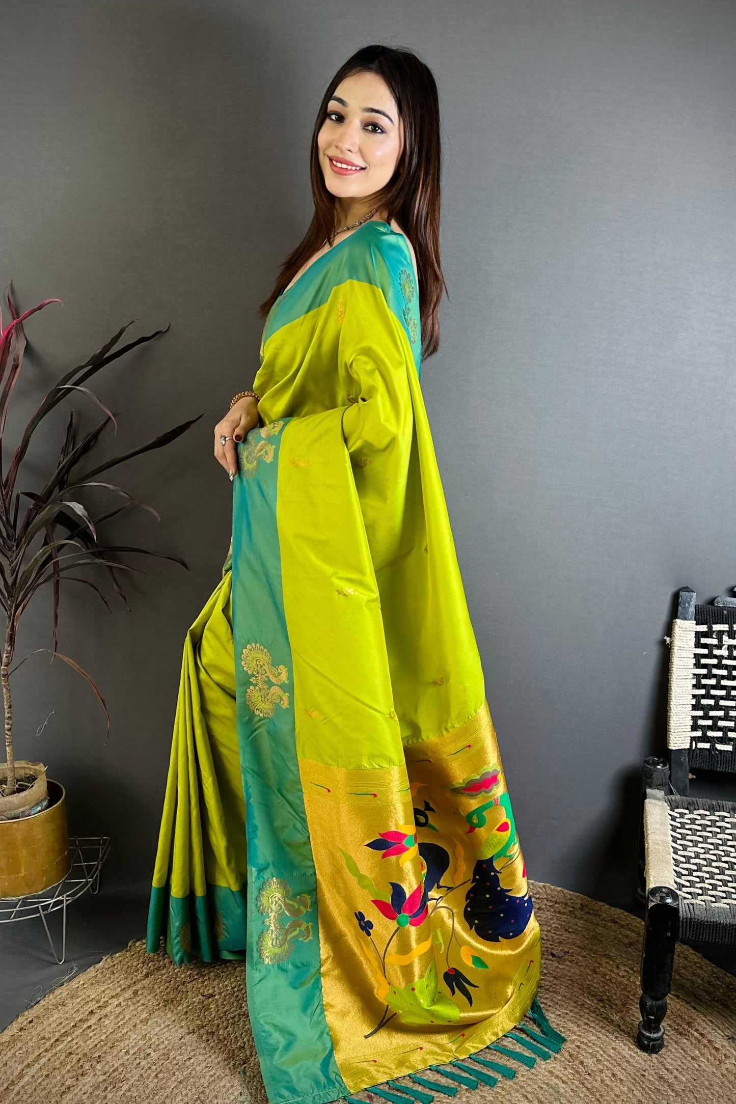 Lime Green Soft Silk Saree with Contrast Aqua Border Designer Pallu