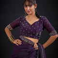Wine Purple Silk Saree Antique Silver Zari Border Party Wear Saree