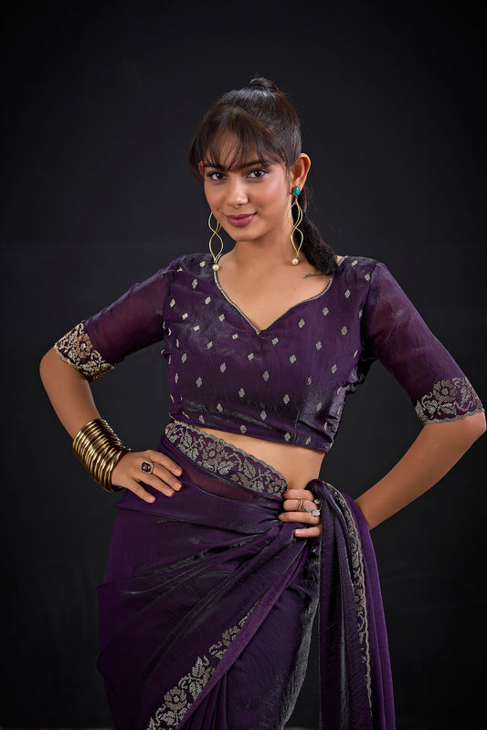 Wine Purple Silk Saree Antique Silver Zari Border Party Wear Saree