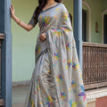 Grey Printed Linen Silk Saree with Multicolor Floral Leaf Design