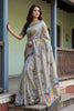 Grey Printed Linen Silk Saree with Multicolor Floral Leaf Design