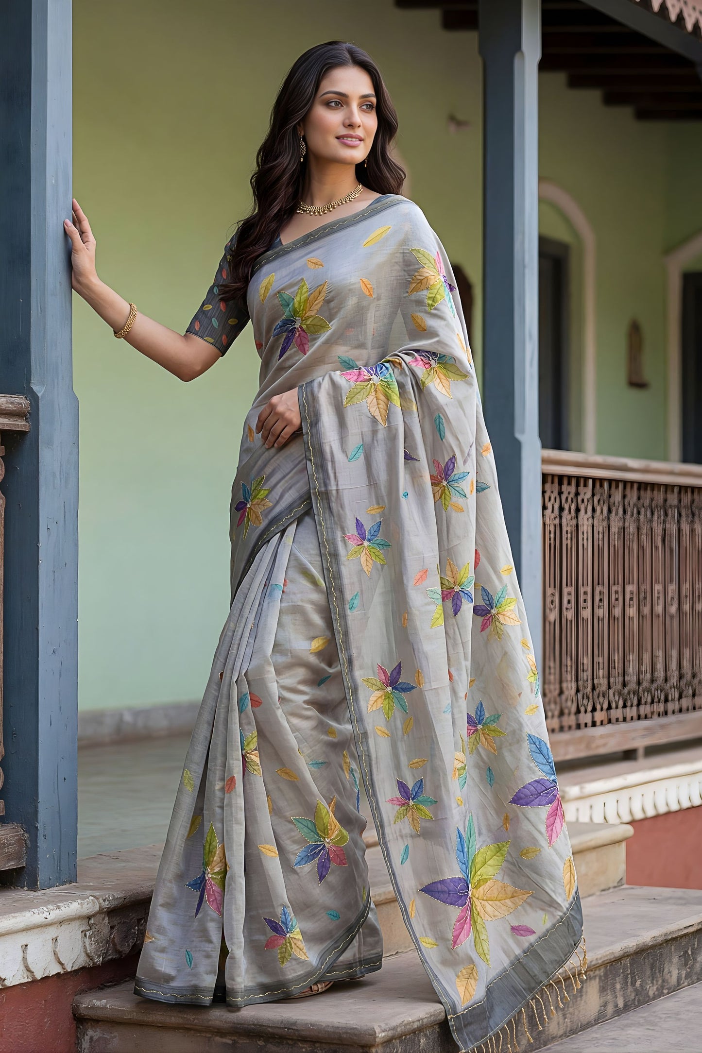 Grey Printed Linen Silk Saree with Multicolor Floral Leaf Design