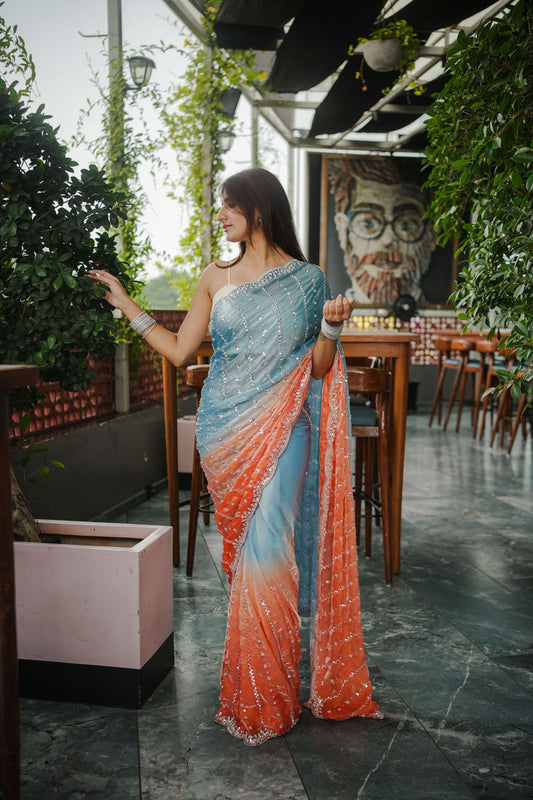 Sky Blue Peach Ombre Sequins Saree Designer Party Wear