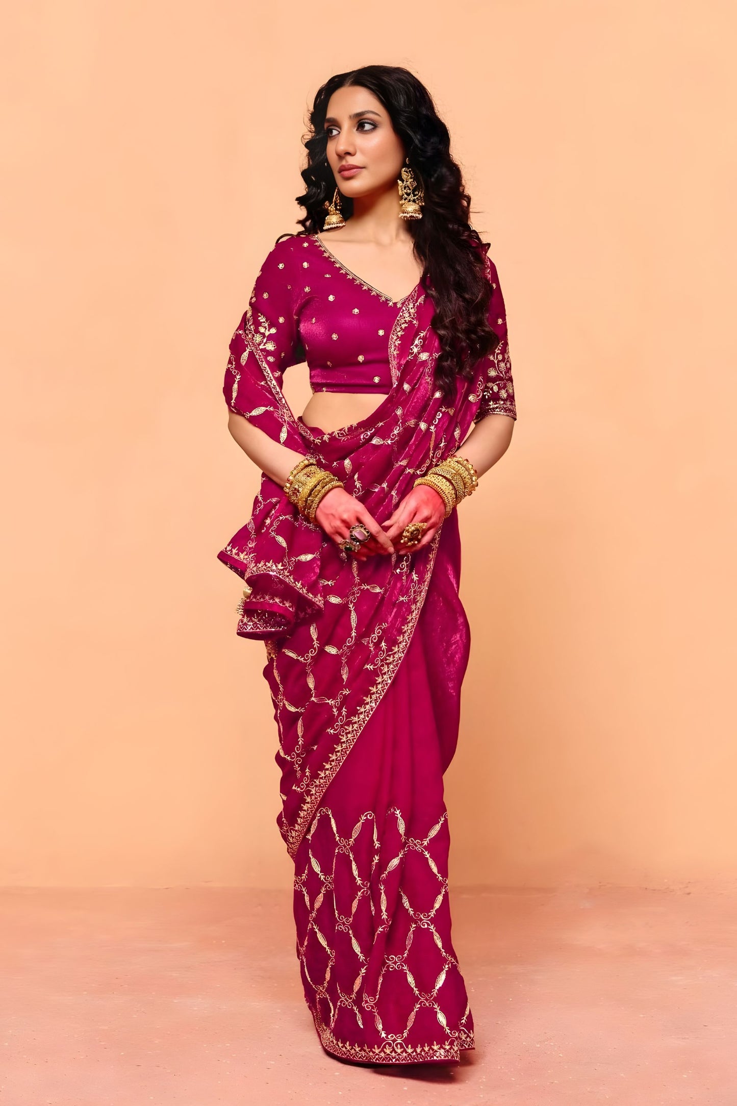 Rani Pink Designer Embroidered Silk Saree Heavy Zari Work Border Blouse Piece
