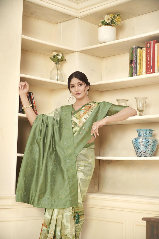 Gorgeous Green and Beige Printed Linen Silk Saree with Zari Work and Blouse Piece