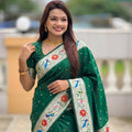 Dark Green Floral Woven Linen Silk Saree Designer Peacock Border