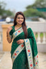 Dark Green Floral Woven Linen Silk Saree Designer Peacock Border