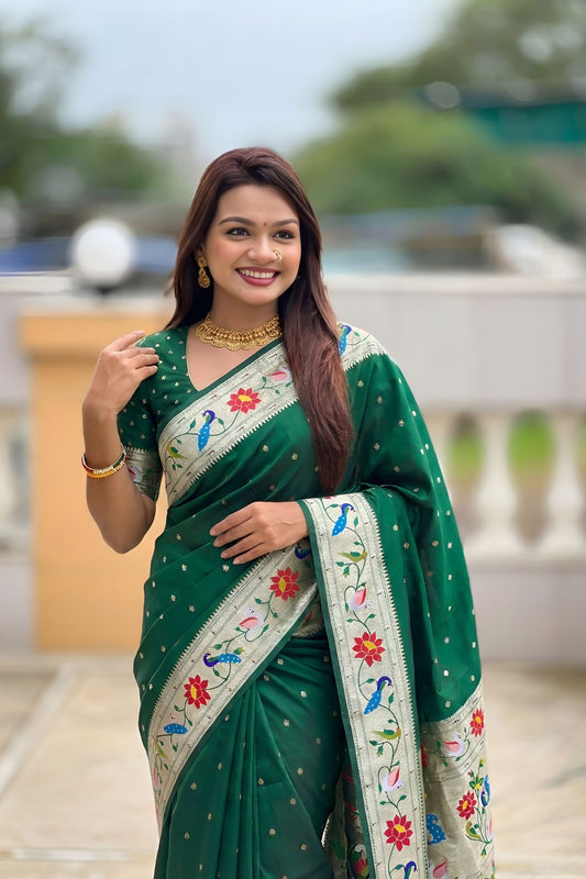 Dark Green Floral Woven Linen Silk Saree Designer Peacock Border