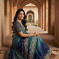 Teal Blue Ombre Organza Saree with Heavy Zari Embroidered Border
