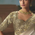 White Champagne Gold Embroidered Saree Zari Border Designer Saree