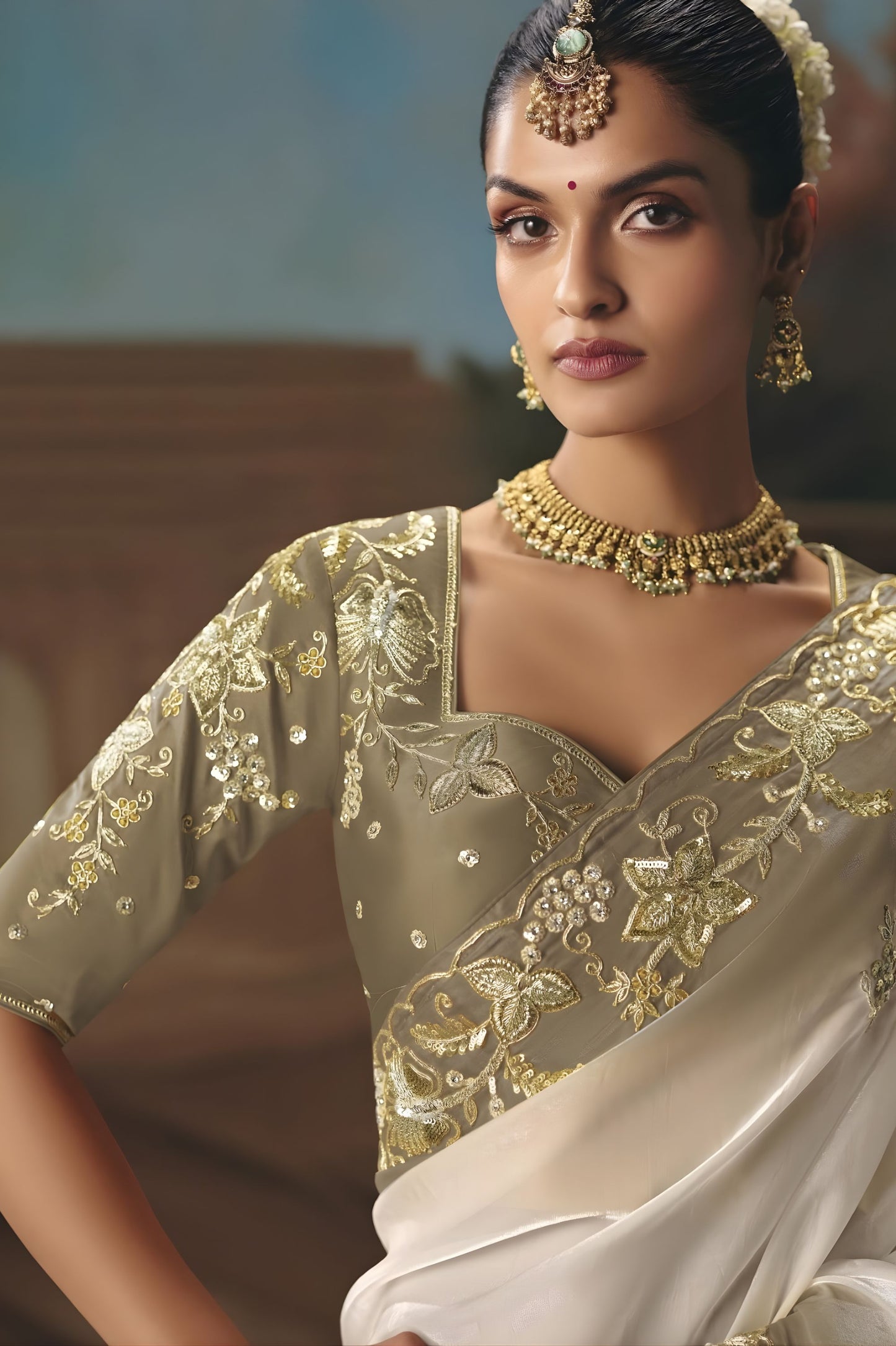 White Champagne Gold Embroidered Saree Zari Border Designer Saree