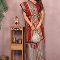 Grey Banarasi Silk Saree with Red Zari Woven Border Traditional Pallu