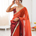 Wine Red Organza Silk Saree Designer Gold Lace Border Matching Blouse