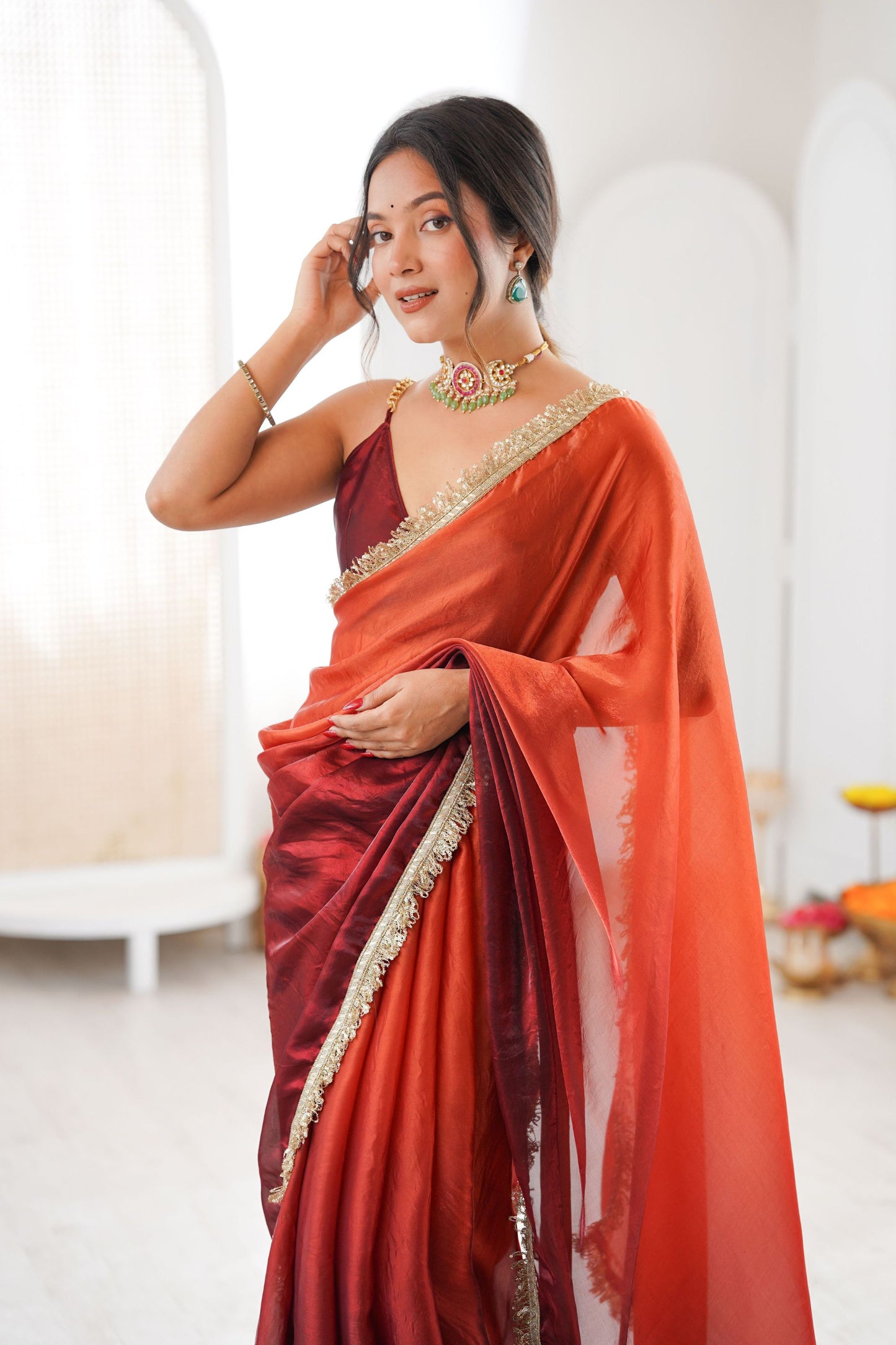 Wine Red Organza Silk Saree Designer Gold Lace Border Matching Blouse
