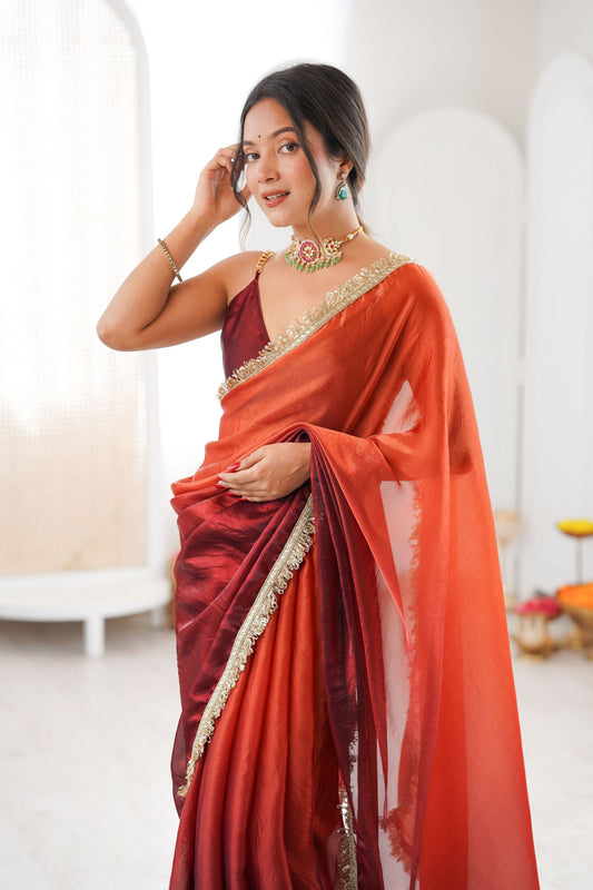 Wine Red Organza Silk Saree Designer Gold Lace Border Matching Blouse