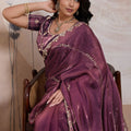 Wine Purple Silk Saree Golden Zari Embroidery Border Matching Blouse