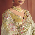 Light Olive Green Silk Saree Heavy Floral Zari Embroidery Designer Blouse