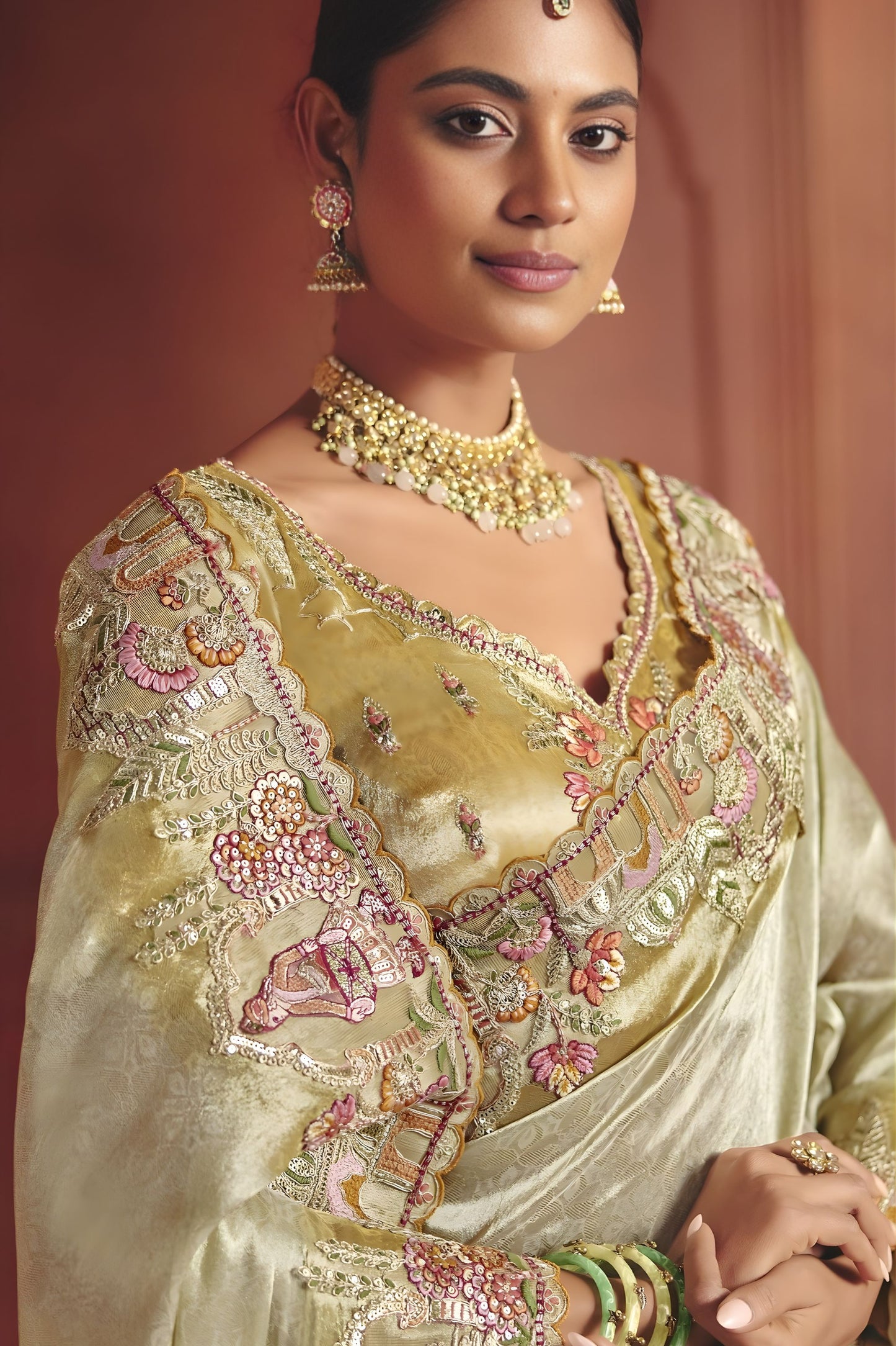 Light Olive Green Silk Saree Heavy Floral Zari Embroidery Designer Blouse