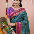 Teal Green Silk Saree Magenta Pink Woven Border Traditional Design