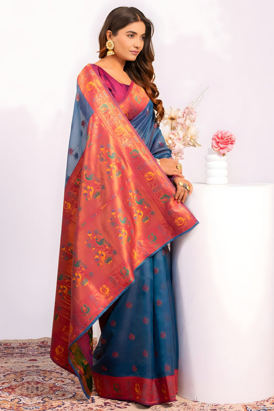 Sky Blue Paithani Silk Saree with Pink Zari Border and Traditional