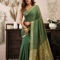 Elegant Dark Green Silk Saree with Golden Zari Border Designer Saree