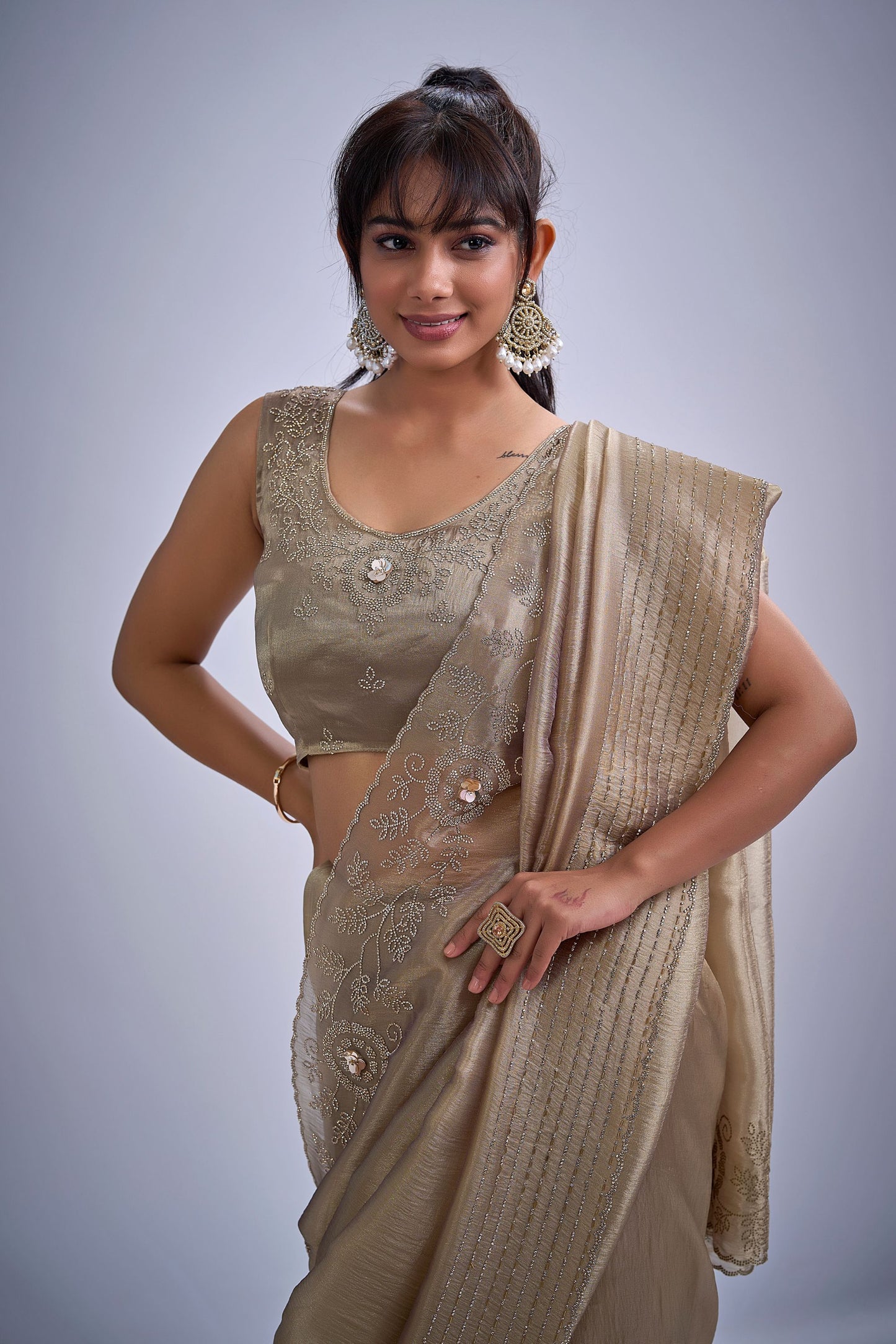 Golden Beige Silk Saree with Zari Embroidery Designer Blouse